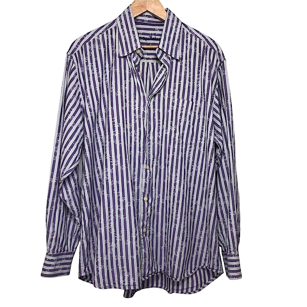 Tommy Bahama Cotton Silk Blend Purple White Palm Embroidered Button Up Shirt L